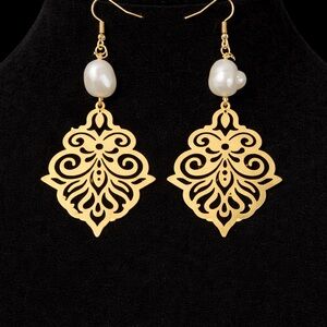 Gold Filigree Drop Earrings with Baroque Freshwater Pearl Accent - Women Jewelry